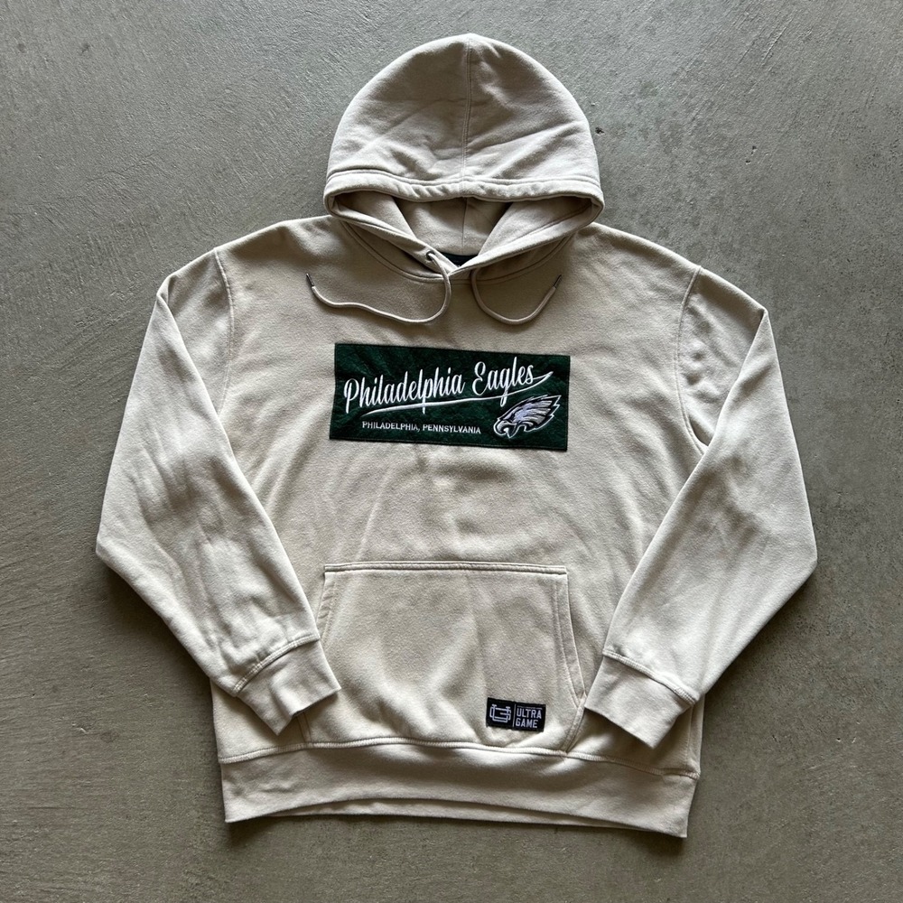 Ultra Game NFL Philadelphia Eagles Sweatshirt Size XL Tan Fleece Hoodie Patch